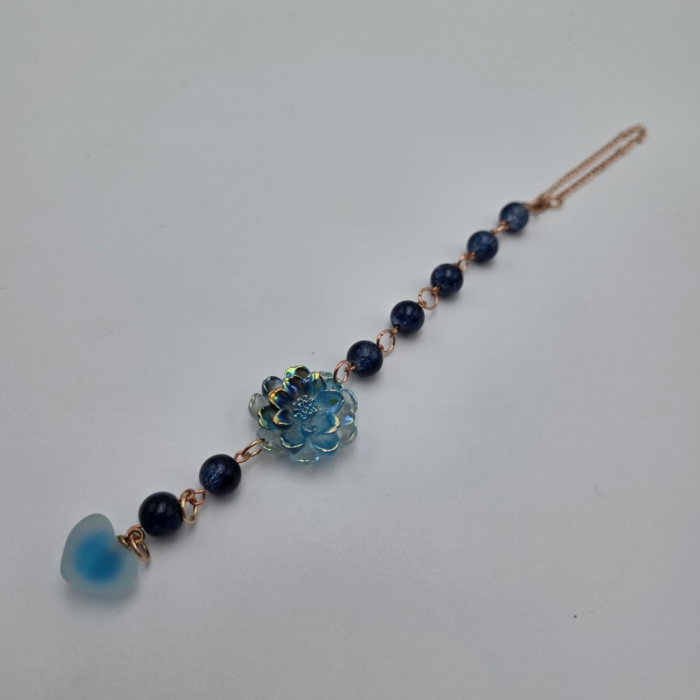 Handmade Blue Flower Heart Car Charm Cute Rearview Mirror Accessory - Picture 4 of 4